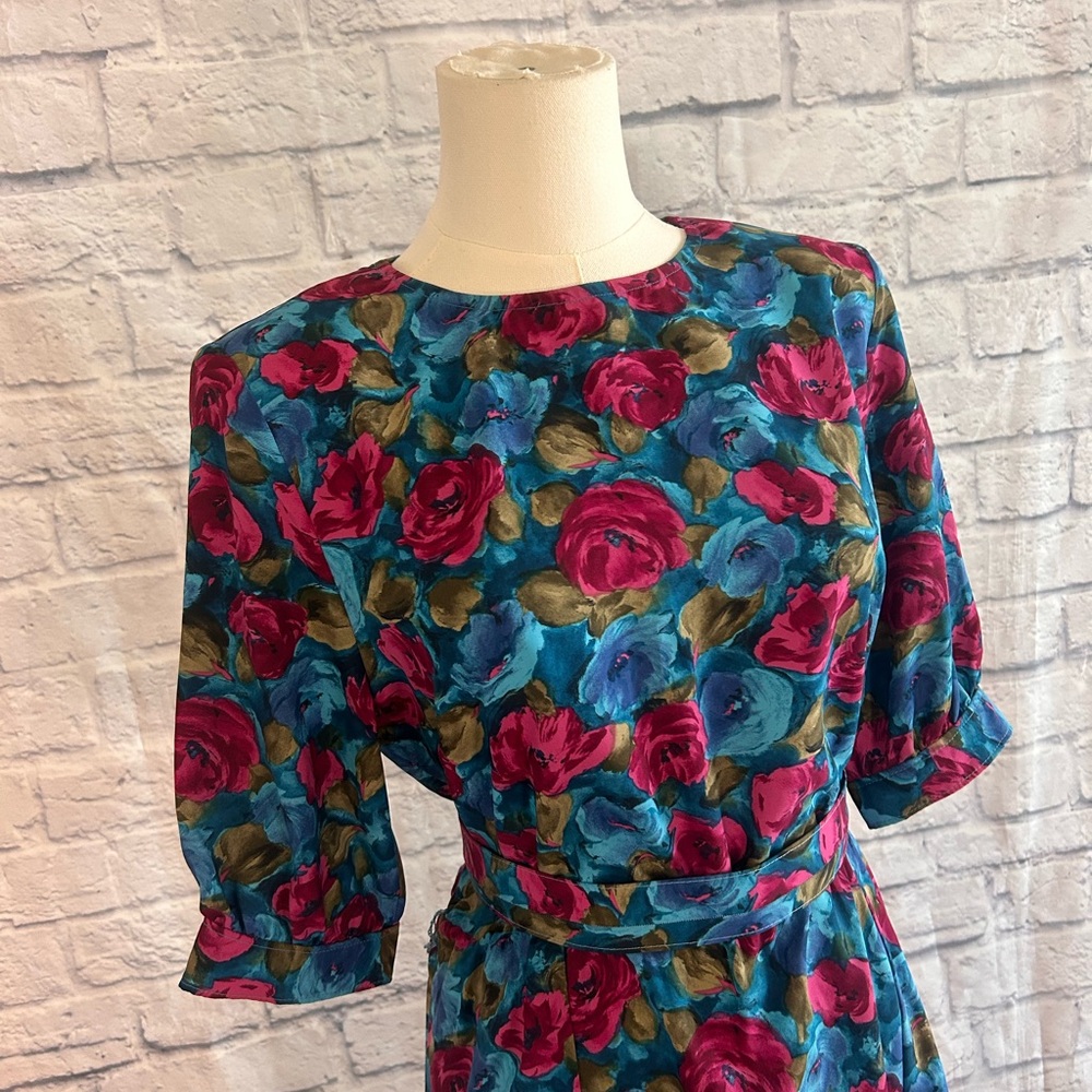 Vintage 60s Dress Handmade Midi Blue Pink Floral w Belt Garden Winter Fall - Picture 3 of 13